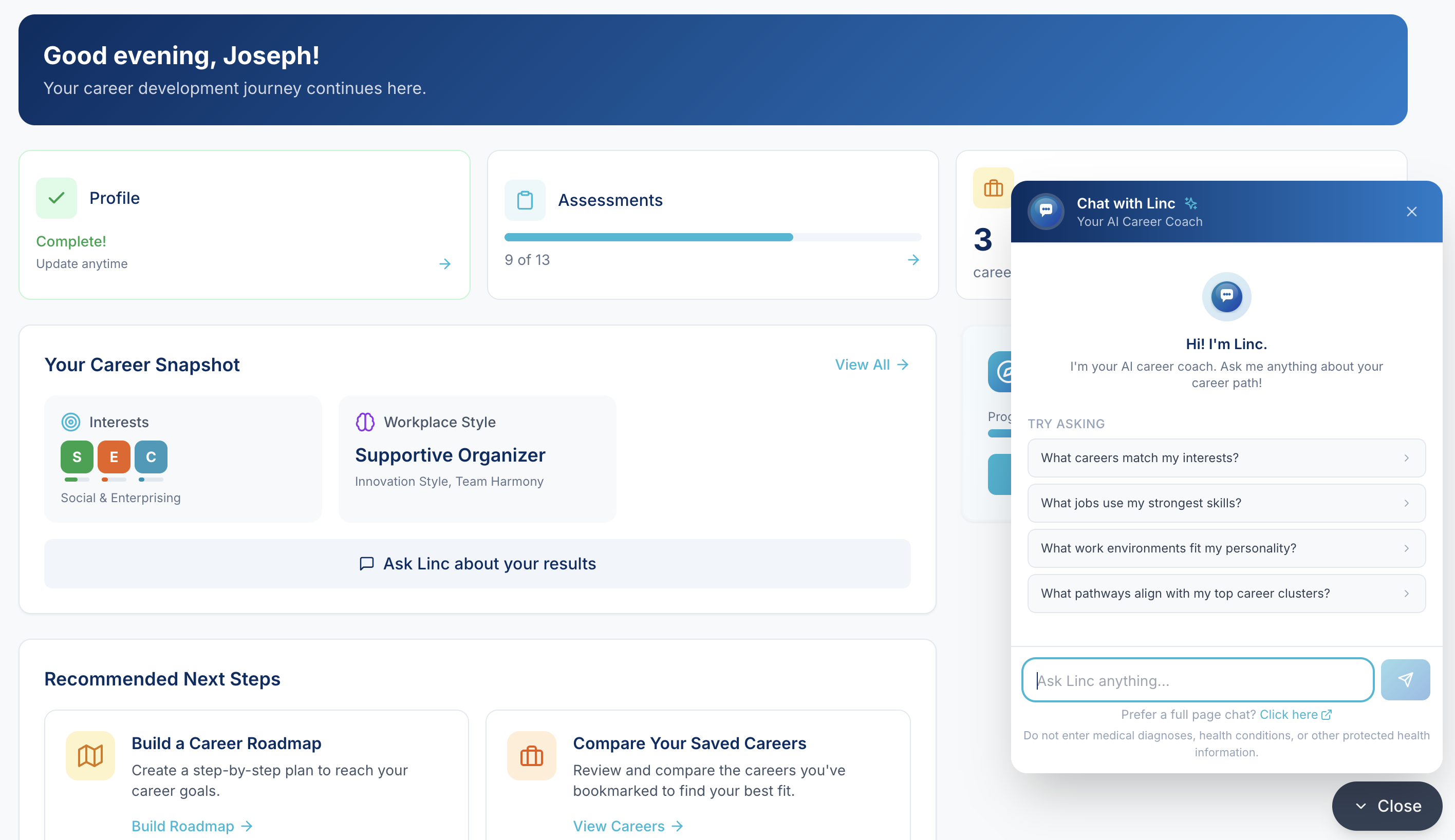 Linc AI career coach floating chat widget on the student dashboard with suggested questions