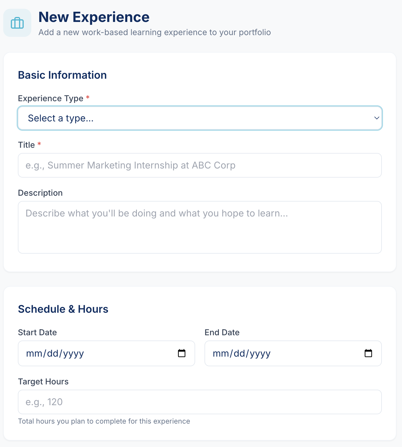 Form for logging a new work-based learning experience