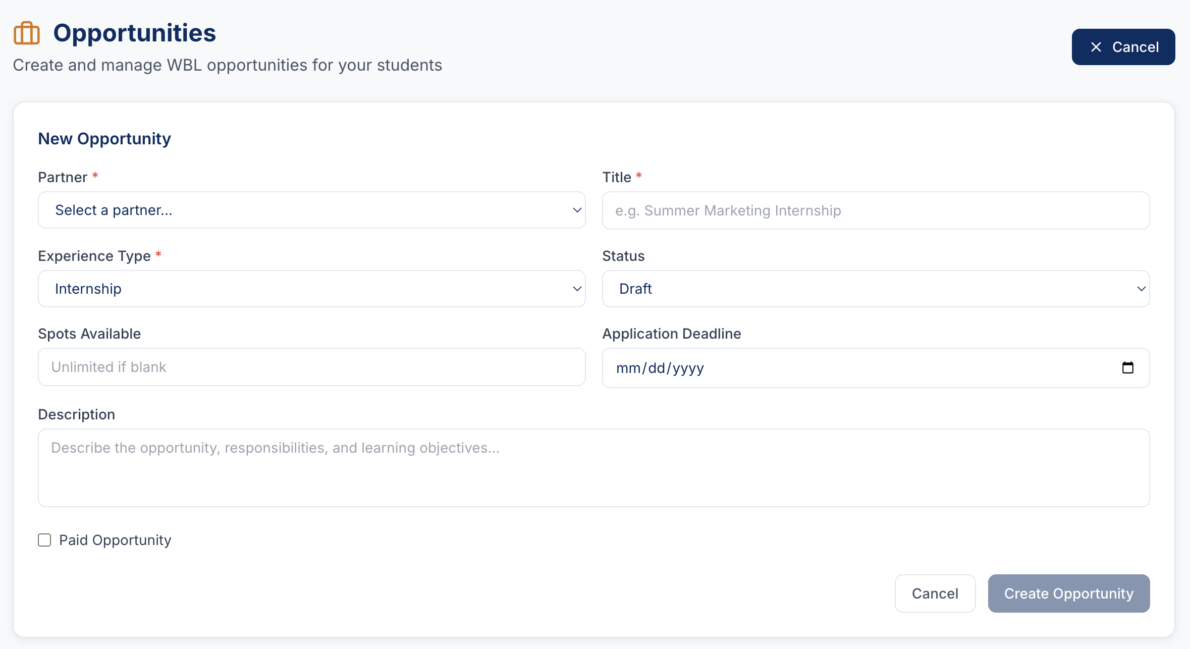 Work-based learning opportunity management dashboard