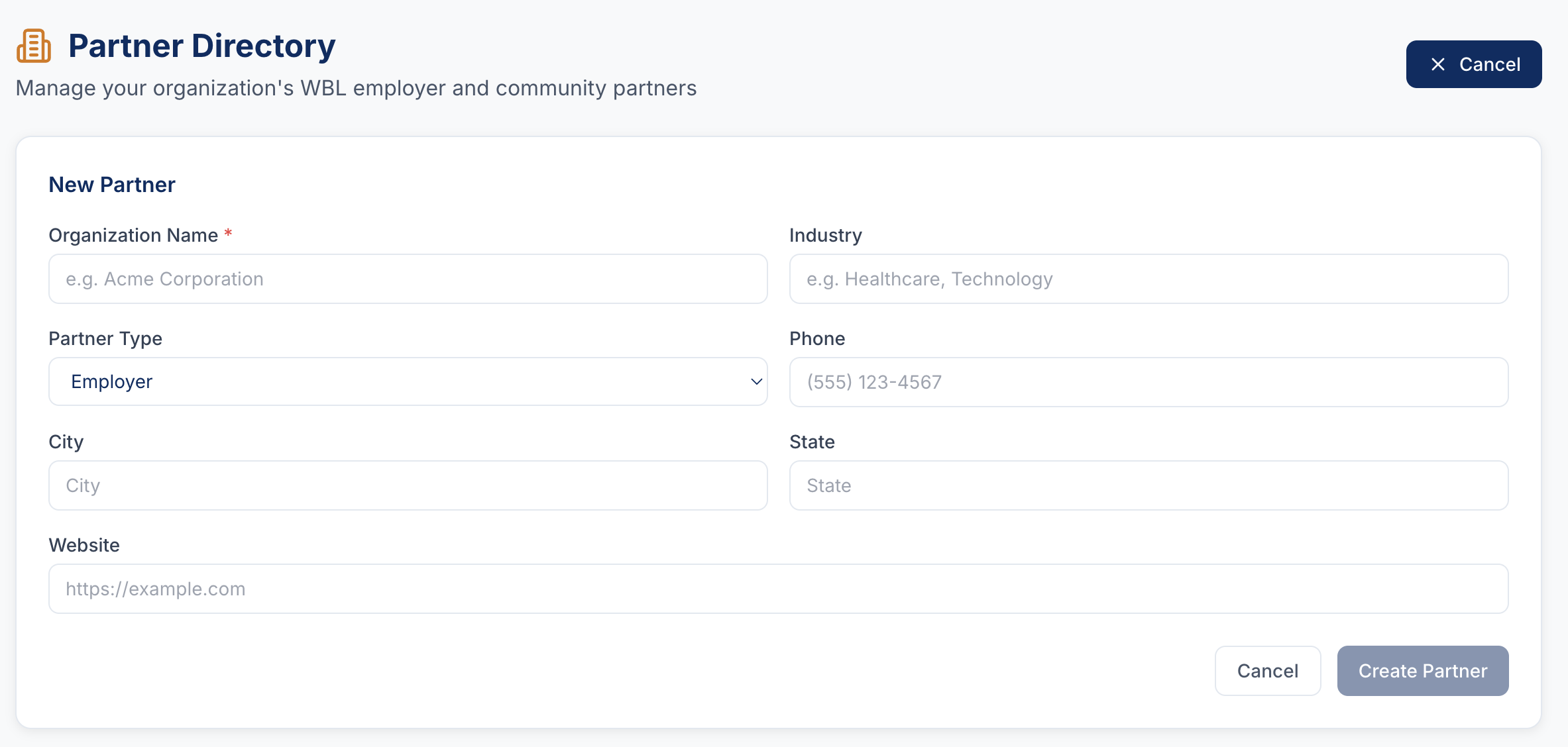 Work-based learning partner directory showing employer connections