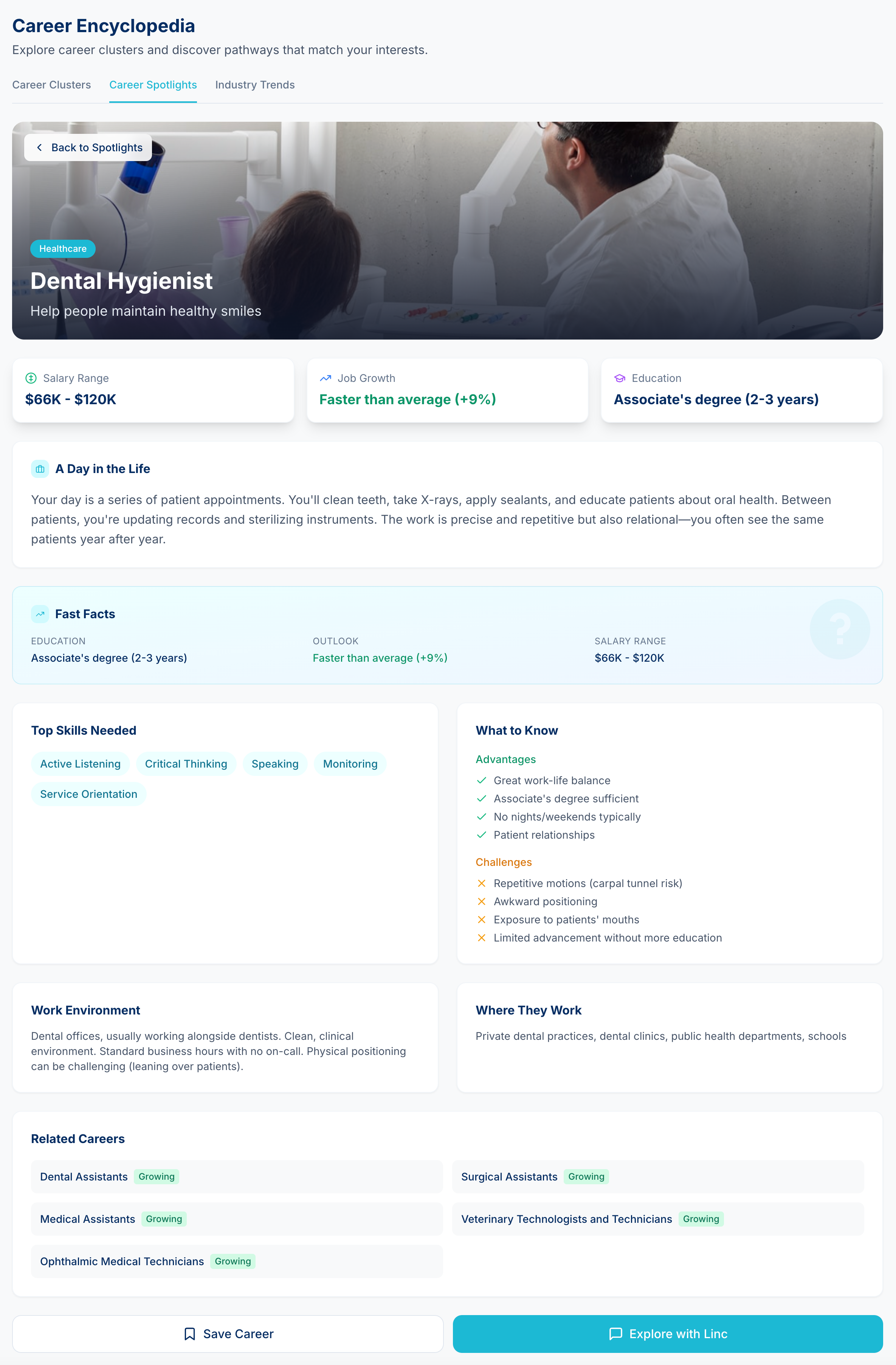 Career Snapshot page showing detailed career information including salary, growth, and skills