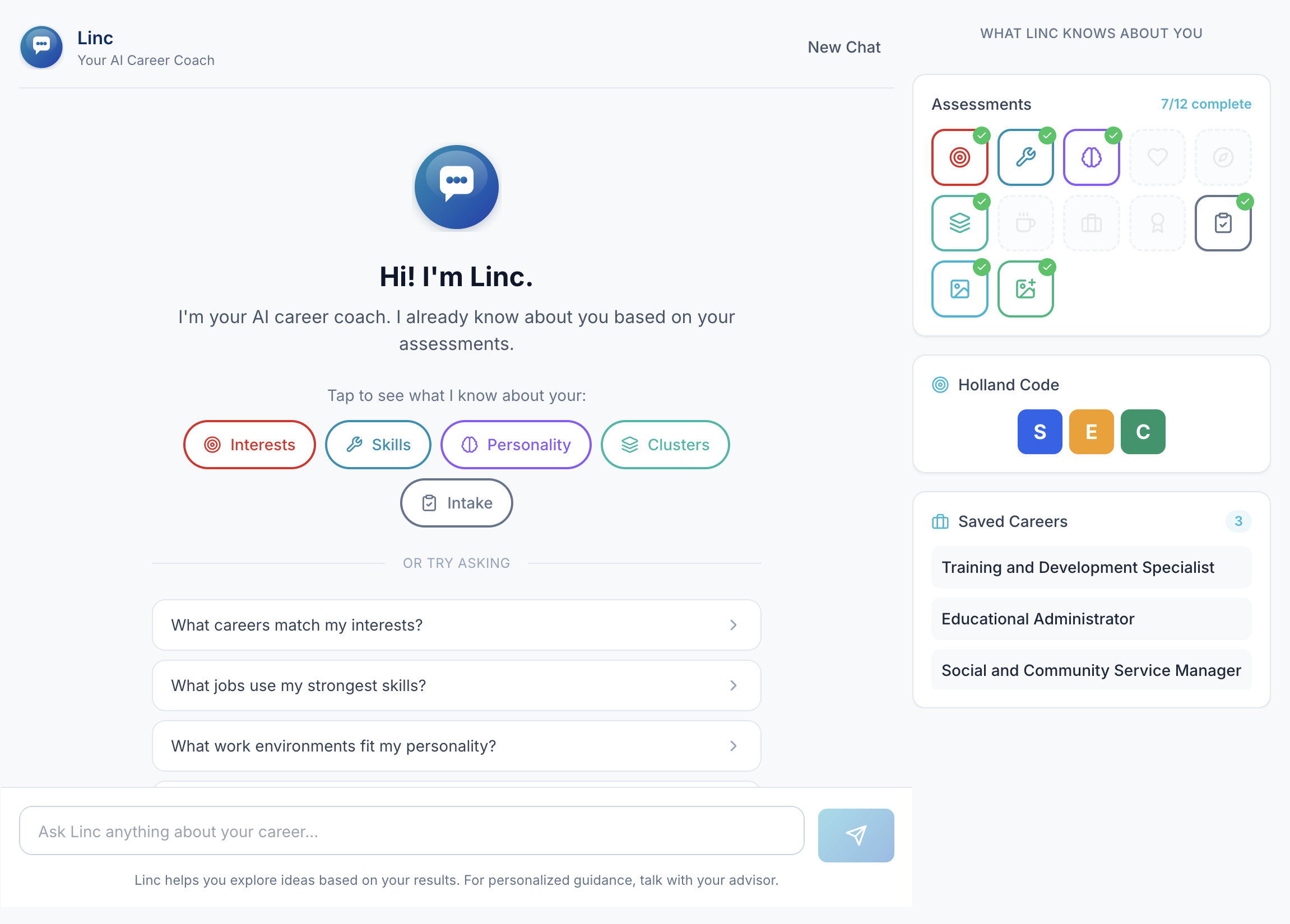 Linc AI career coach interface showing assessment chips, suggested questions, and context sidebar