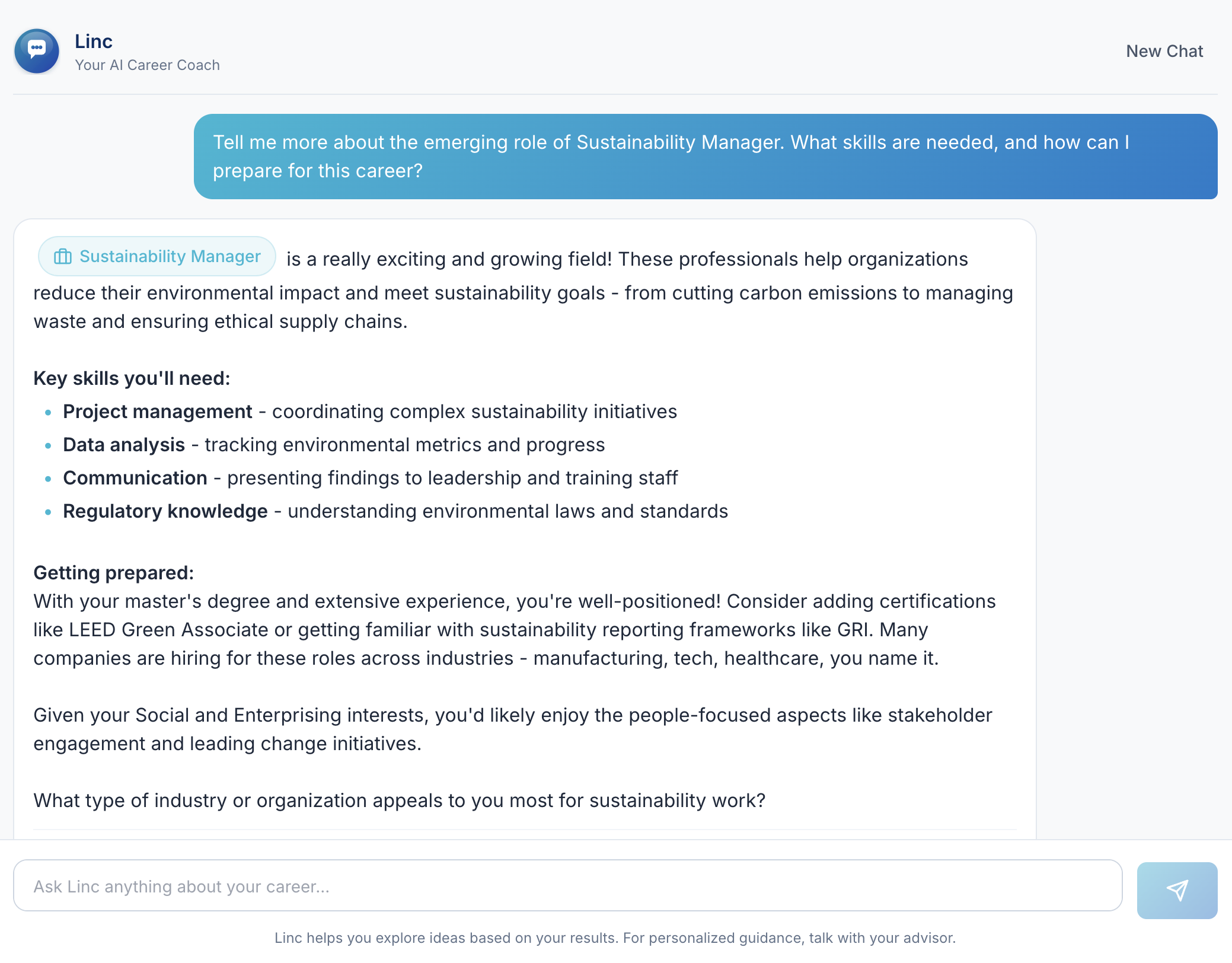 Linc AI career coach providing personalized career guidance